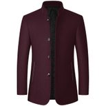 Mens Woolen Jacket Stand Collar Mid Length Warm Fabric Fall Winter Style for Middle Aged Wholesa