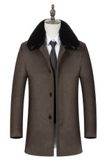 Mens Business Casual Overcoat Mid Length Removable Fur Collar Wool Blend Winter Outerwear