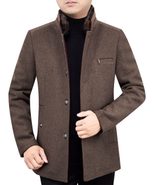 Mens Fleece Lined Overcoat with Removable Fur Collar Mid Length Warm Jacket Winter Outerwear