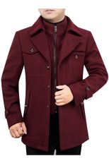 Mens Wool Blend Overcoat Mid Length Detachable Fur Collar Stylish Winter Outerwear