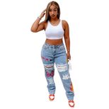 Womens Distressed Denim Jeans Digital Print Fashionable Design Casual Wear fast shipping