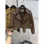 Brown Short Motorcycle Jacket for Women Stylish Fit with Long Sleeves Casual Wear for Fall