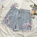 High Waist Embroidered Denim Shorts for Women Blue Color Casual Loose Fit Summer Wear