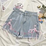 High Waist Embroidered Denim Shorts for Women Blue Color Casual Loose Fit Summer Wear