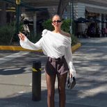Womens Long Sleeve T Shirt Sheer Mesh Floral Embellishments Asymmetrical Shoulder Trendy Street Style Wholesale