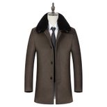 Mens Business Casual Overcoat Mid Length Removable Fur Collar Wool Blend Winter Outerwear