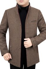 Mens Fleece Lined Overcoat with Removable Fur Collar Mid Length Warm Jacket Winter Outerwear
