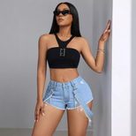 Womens Denim Shorts Slim Fit Frayed Hem Casual Summer Style Available in Blue Wholesale Sizes XS to L