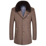 Mens Wool Blend Overcoat Mid Length Detachable Fur Collar Thick Warm Coat Winter Outerwear