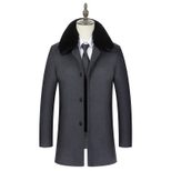 Mens Business Casual Overcoat Mid Length Removable Fur Collar Wool Blend Winter Outerwear