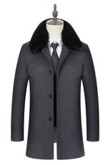 Mens Business Casual Overcoat Mid Length Removable Fur Collar Wool Blend Winter Outerwear