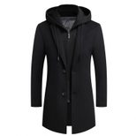 Mens Casual Wool Blend Overcoat Mid Length Removable Hood Trendy Design Versatile Outerwear for