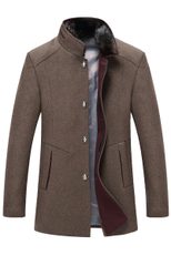 Mens Wool Blend Overcoat Mid Length Single Breasted Design Stand Collar with Fur Trim Winter Outerwear