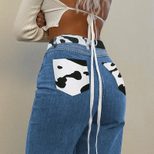 High Waist Color Block Cow Print Straight Leg Jeans for Women Casual Loose Fit Autumn Wear