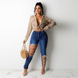 Womens Creative Tie Up Denim Jeans Casual Fit Autumn Winter Collection Available in Multiple Sizes Wholesale