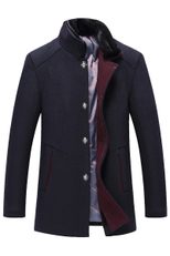 Mens Wool Blend Overcoat Mid Length Single Breasted Design Stand Collar with Fur Trim Winter Outerwear