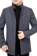 Mens Fleece Lined Overcoat with Removable Fur Collar Mid Length Warm Jacket Winter Outerwear