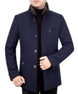 Mens Fleece Lined Overcoat with Removable Fur Collar Mid Length Warm Jacket Winter Outerwear