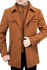 Mens Wool Blend Overcoat Mid Length Detachable Fur Collar Stylish Winter Outerwear