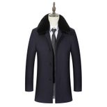 Mens Business Casual Overcoat Mid Length Removable Fur Collar Wool Blend Winter Outerwear