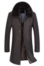 Mens Overcoat Mid Length Wool Blend with Thick Fur Collar Warm Stylish Outerwear for Fall and Winter