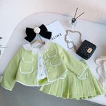 Girls Two Piece Set Korean Style Doll Collar Coat and Pleated Skirt Spring Autumn Fashion