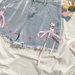 High Waist Embroidered Denim Shorts for Women Blue Color Casual Loose Fit Summer Wear