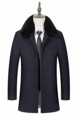 Mens Business Casual Overcoat Mid Length Removable Fur Collar Wool Blend Winter Outerwear