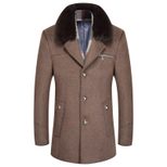 Mens Wool Blend Overcoat Mid Length Detachable Fur Collar Thick Warm Coat Winter Outerwear