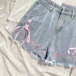 High Waist Embroidered Denim Shorts for Women Blue Color Casual Loose Fit Summer Wear