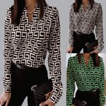 V Neck Geometric Print Long Sleeve T Shirt Womens Fashion Casual Style Comfortable Fabric Wholesale Available