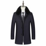 Mens Business Casual Overcoat Mid Length Removable Fur Collar Wool Blend Winter Outerwear