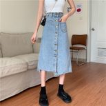 High Waist A Line Denim Skirt for Women Irregular Hem Mid Length Button Closure Casual Summer Wear