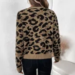 Womens Leopard Print Cardigan Sweater Round Neck Tie Closure Cozy Knit Fabric Fall Winter Fashion