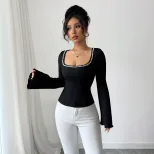 Black Square Neck Long Sleeve T Shirt for Women with Pearl Detail and Flare Sleeves Slim Fit for Casual Wear Wholesale