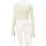 Off Shoulder Ruffled Long Sleeve T Shirt for Women Slim Fit Summer Style Available in Yellow Wholesale Options