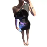 Gray Asymmetrical Shoulder Bodycon Dress for Women Spring Fashion Slim Fit Hollow Out Design
