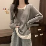 Gray Knit Two Piece Style Top for Women Loose Fit Long Sleeve Layering Shirt Fall Winter Collection