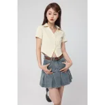 High Waist A Line Denim Skirt for Women Vintage Style Flattering Fit Pleated Design Casual Summer Wear Wholesale