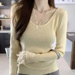 Lace Panel V Neck Long Sleeve Top for Women Soft Warm Fabric Autumn Casual Wear fast shipping