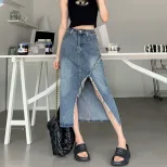High Waist Irregular Denim Skirt for Women A Line Cut Frayed Hem Split Design Summer Casual Wear
