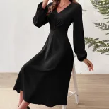 V Neck A Line Dress Elegant High Waist Design Fall Winter Fashion private label