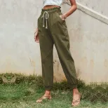 Casual Womens Pants Solid Color Cotton Linen Drawstring Cuffed Trousers in Yellow Sizes S to XL