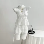 Womens Summer Sweetheart Lace Camisole and Floral Pants Set in White Casual Fit