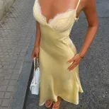 Elegant Womens Summer Dress in Cream Yellow with Lace Trim Slim Fit Spaghetti Straps Satin Fabric Wholesale