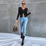 Womens Long Sleeve Cropped T Shirt Slim Fit Casual Style Black Cotton Blend