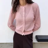 Womens Knit Cardigan Sweater Soft Hollow Out Design Round Neck Long Sleeve Casual Autumn Spring Wear