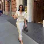 Lace Satin Two Piece Set V Neck Top and Midi Skirt Elegant Summer Outfit low MOQ