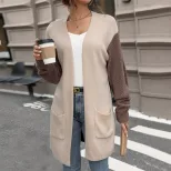 Womens Color Block Cardigan Sweater Long Sleeve Khaki Fall Fashion private label