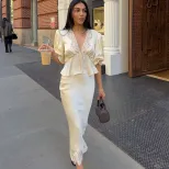 Lace Satin Two Piece Set V Neck Top and Midi Skirt Elegant Summer Outfit low MOQ